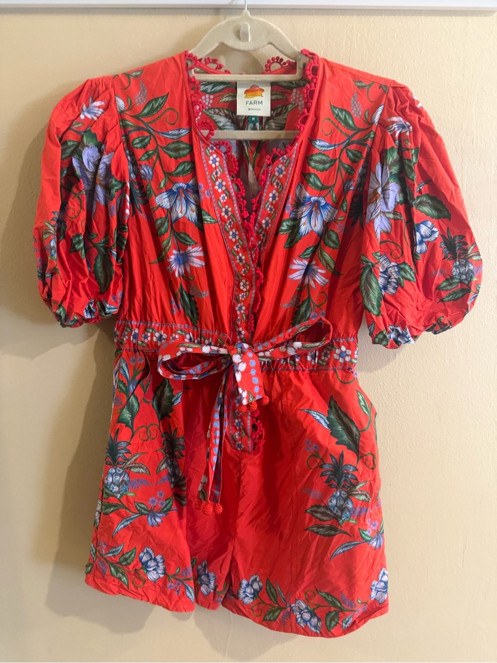 FARM Rio Red Puff-Sleeve Floral Romper with Self-Tie Waist
